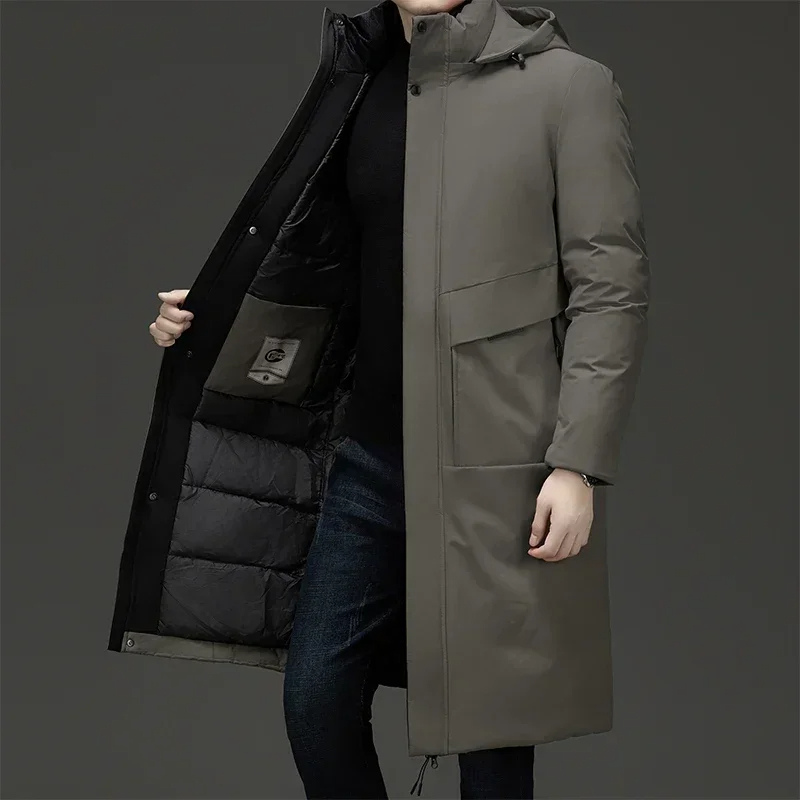 Men's insulated long winter coat with hood, providing warmth & style for cold weather outerwear.