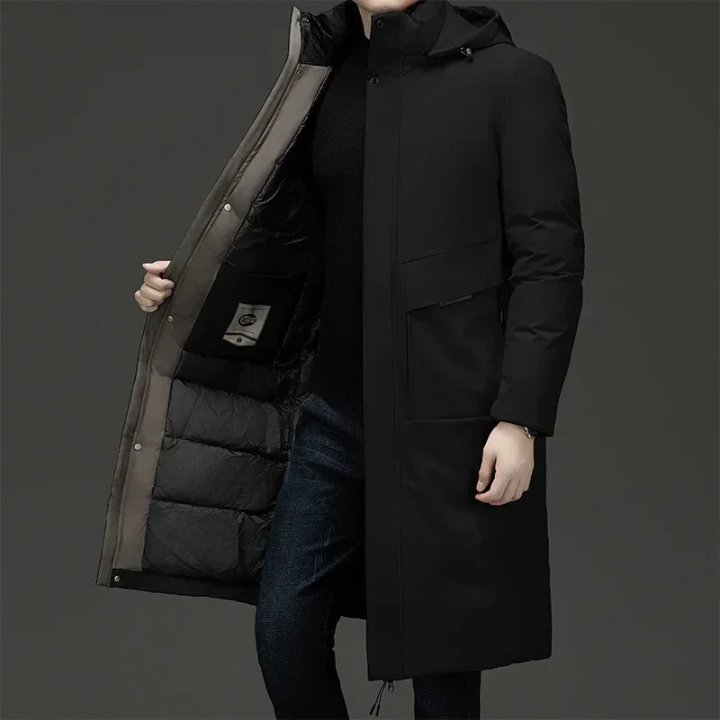 Stylish men's hooded long coat, perfect for modern winter fashion and casual cold-weather outfits.