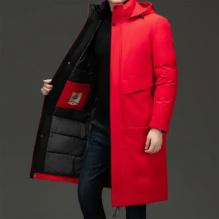 Warm men's padded long winter coat with hood, insulated for ultimate protection against cold weather.