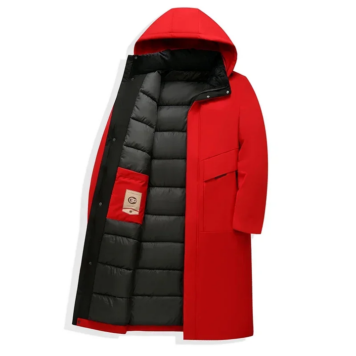 Durable men's padded long coat with a protective hood, designed for ultimate warmth & stylish winter outerwear.