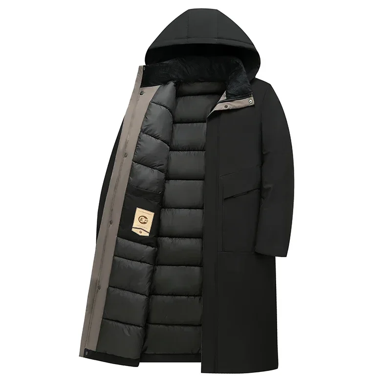 Versatile men's long hooded winter coat, insulated & stylish, offering warmth for cold weather men's fashion.