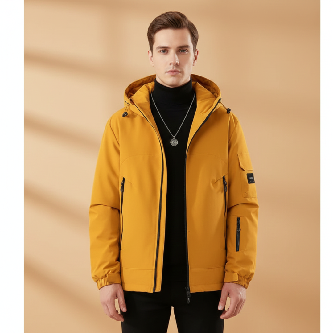 Durable men's hooded ski jacket offering weather protection for winter sports and snow.