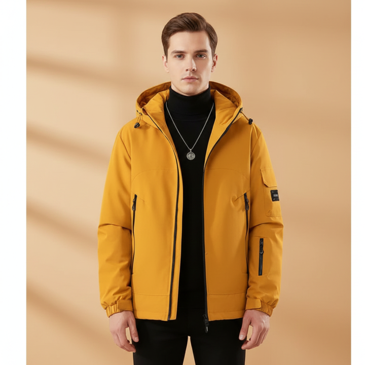 Durable men's hooded ski jacket offering weather protection for winter sports and snow.