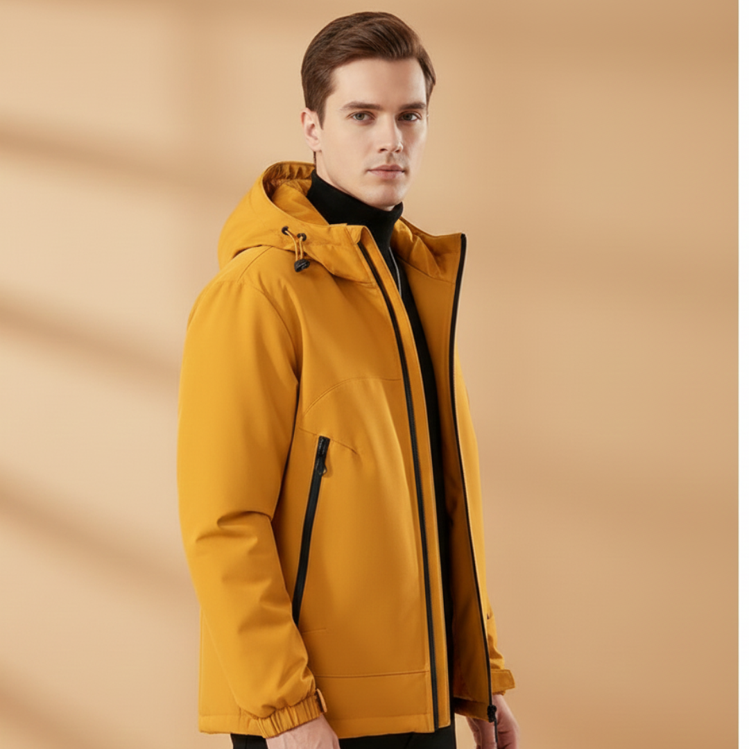 Men's hooded insulated ski jacket, ideal winter coat for cold weather skiing.