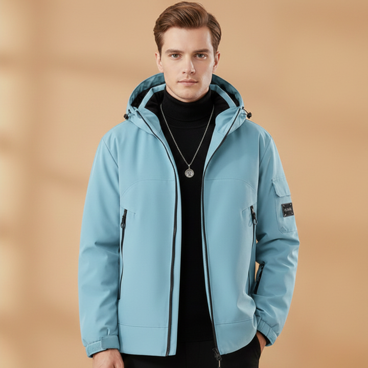 Comfortable men's ski apparel, an insulated jacket for warmth & protection on snowy slopes.