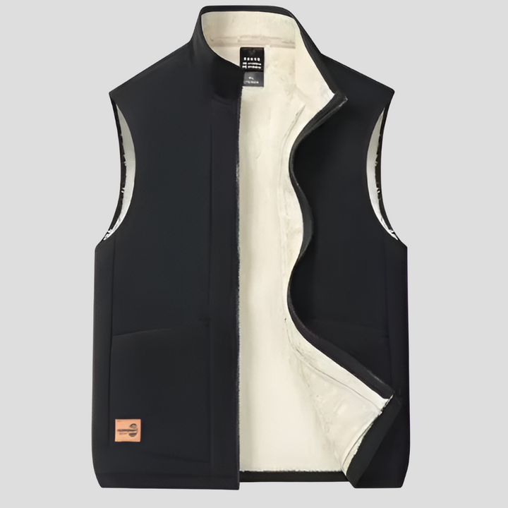 Full shot of a men's casual winter vest, New4, dark blue, providing warmth and style