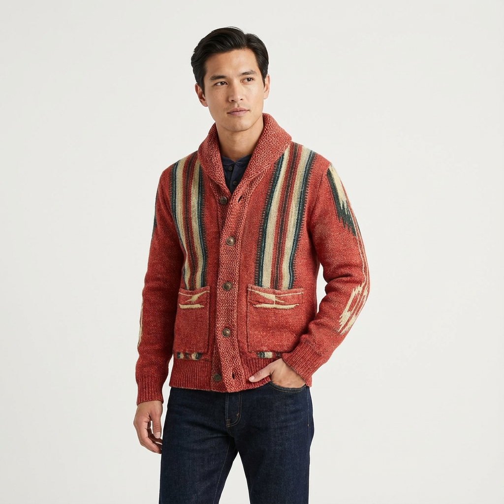 Men's jacquard knit button-front cardigan in a stylish pattern, perfect for smart casual layering in fall & winter.
