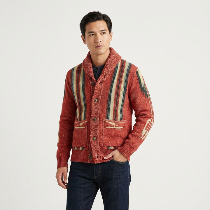 Men's jacquard knit button-front cardigan in a stylish pattern, perfect for smart casual layering in fall & winter.