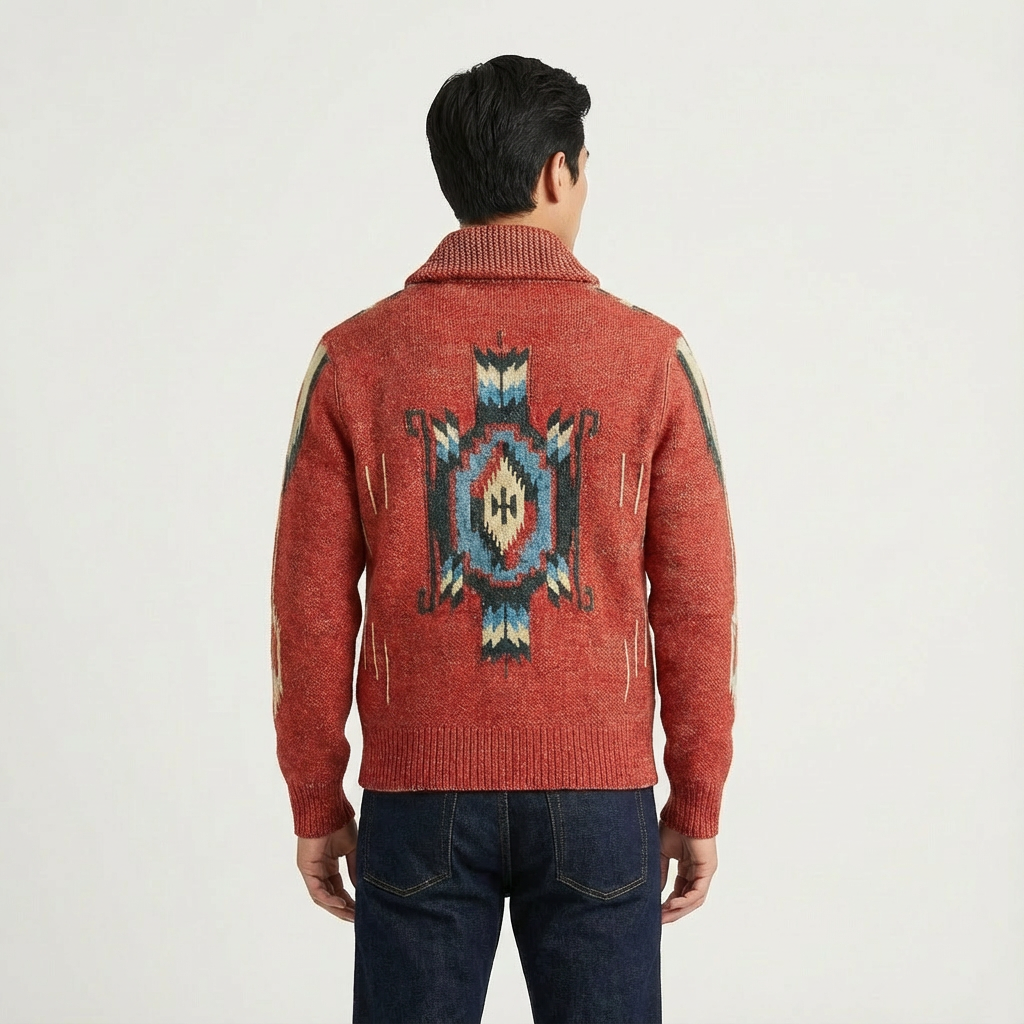 Close-up of a men's long-sleeve jacquard knit cardigan with detailed buttons & textured fabric.