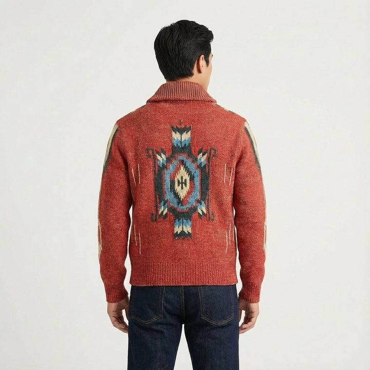 Close-up of a men's long-sleeve jacquard knit cardigan with detailed buttons & textured fabric.