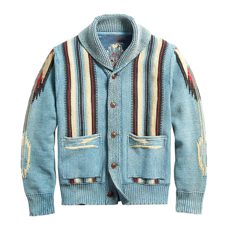 Stylish men's knitwear cardigan featuring a unique jacquard pattern, ideal for elegant layering.