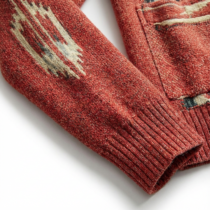 Full view of a modern men's button-front jacquard knit cardigan, essential for cool weather style.