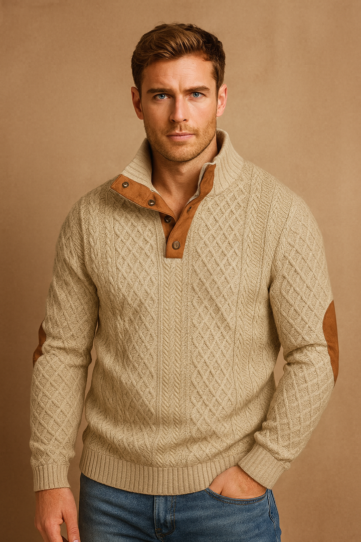 Men's jacquard knit sweater in blue with button collar, long sleeve, casual spring fashion top.