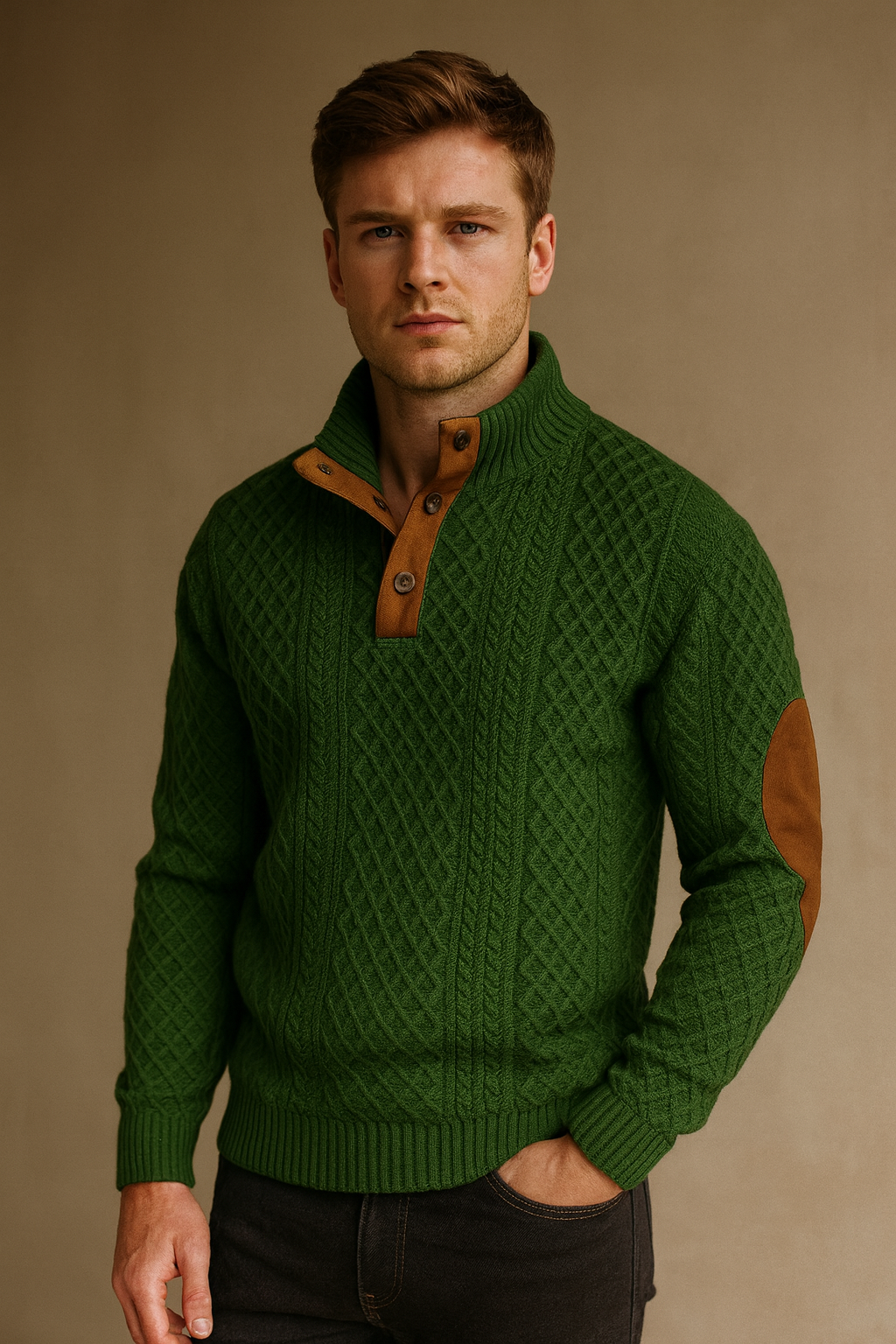 Stylish men's black jacquard knit sweater with button collar, perfect for casual spring outfits.