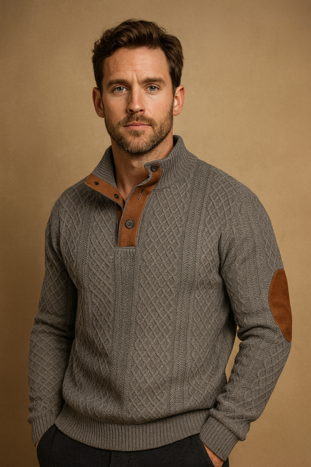 Men's sophisticated jacquard knit sweater featuring a button collar and long sleeves for everyday wear.