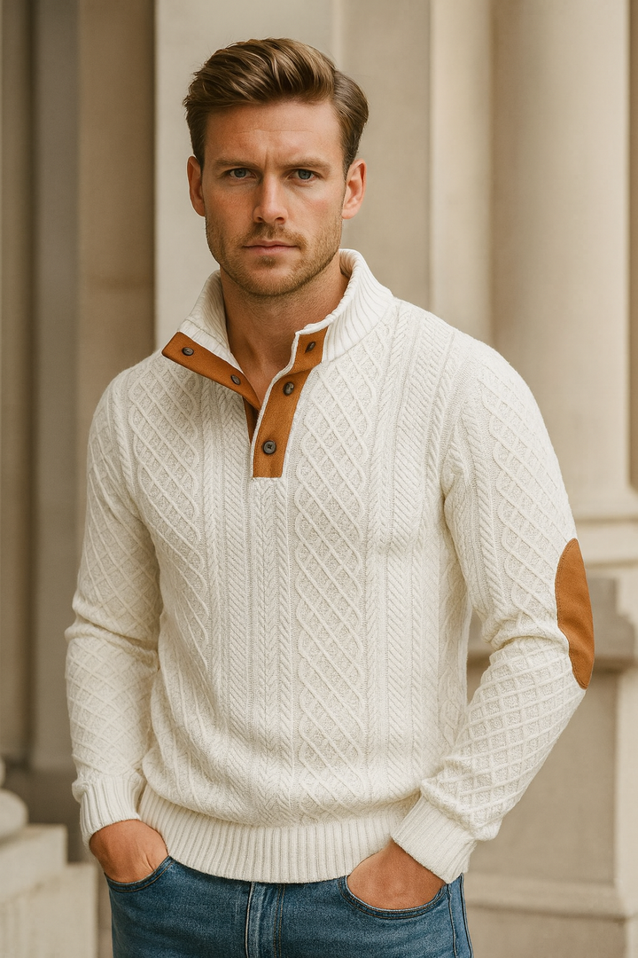 Close-up of men's jacquard knit sweater, highlighting the textured pattern and button collar detail.