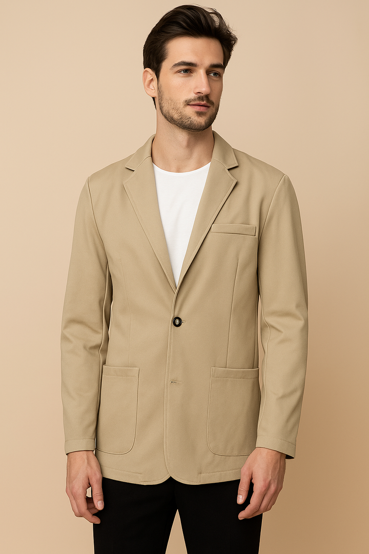 Men's khaki notch lapel blazer jacket, ideal for smart-casual business attire & versatile fall/winter fashion.