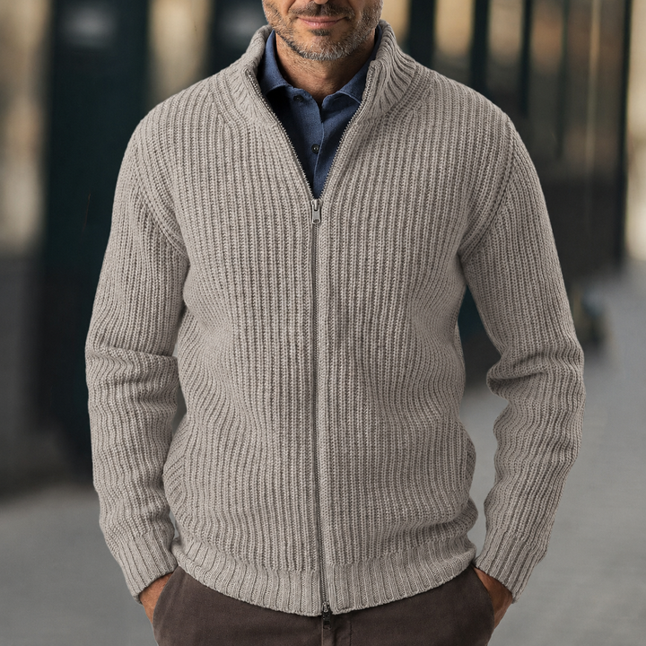 Men's khaki ribbed zip-up sweater with a mock neck, ideal for stylish layering and modern comfort.
