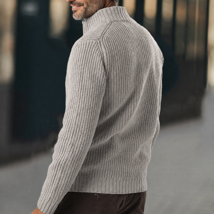 Cozy men's ribbed zip-up sweater in khaki, a versatile pullover for comfortable, stylish everyday wear.