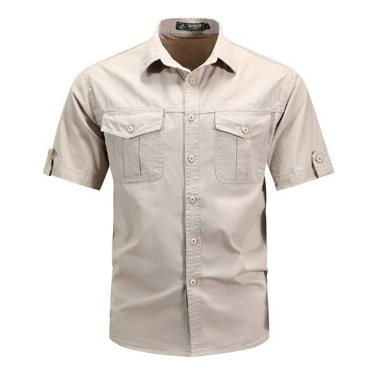 Men's khaki utility pocket long sleeve shirt, perfect for spring casual wear.