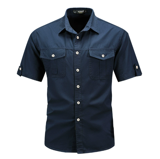 Army green men's utility shirt with chest pockets, ideal for spring fashion.