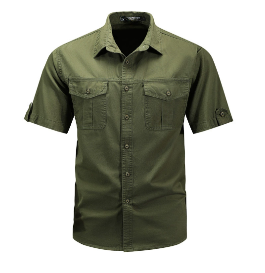 Dark blue long sleeve utility pocket shirt for men, a versatile spring casual top.