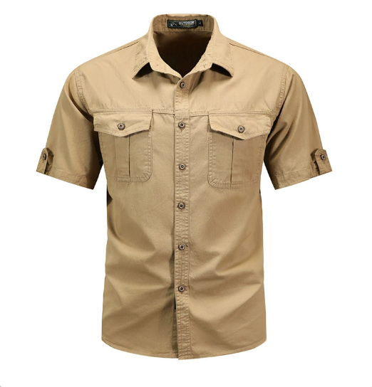 Beige men's casual long sleeve utility shirt with pockets, suitable for spring.