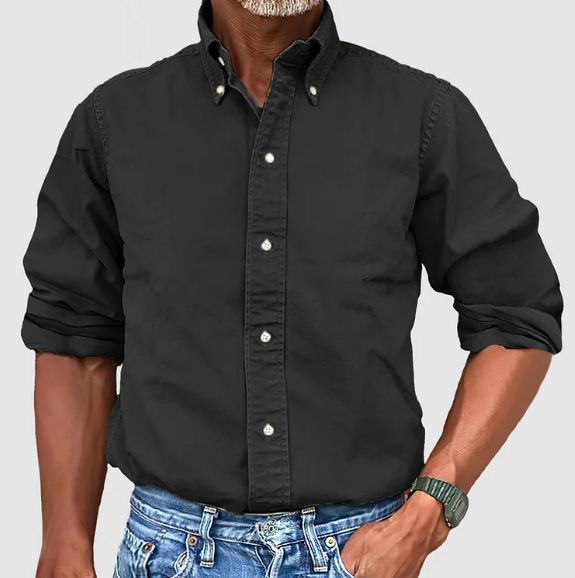 Classic black long-sleeve wrinkle-resistant shirt for men, a timeless casual and dress shirt option.