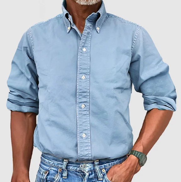 Modern gray long-sleeve casual shirt for men, featuring wrinkle-resistant fabric for easy care.