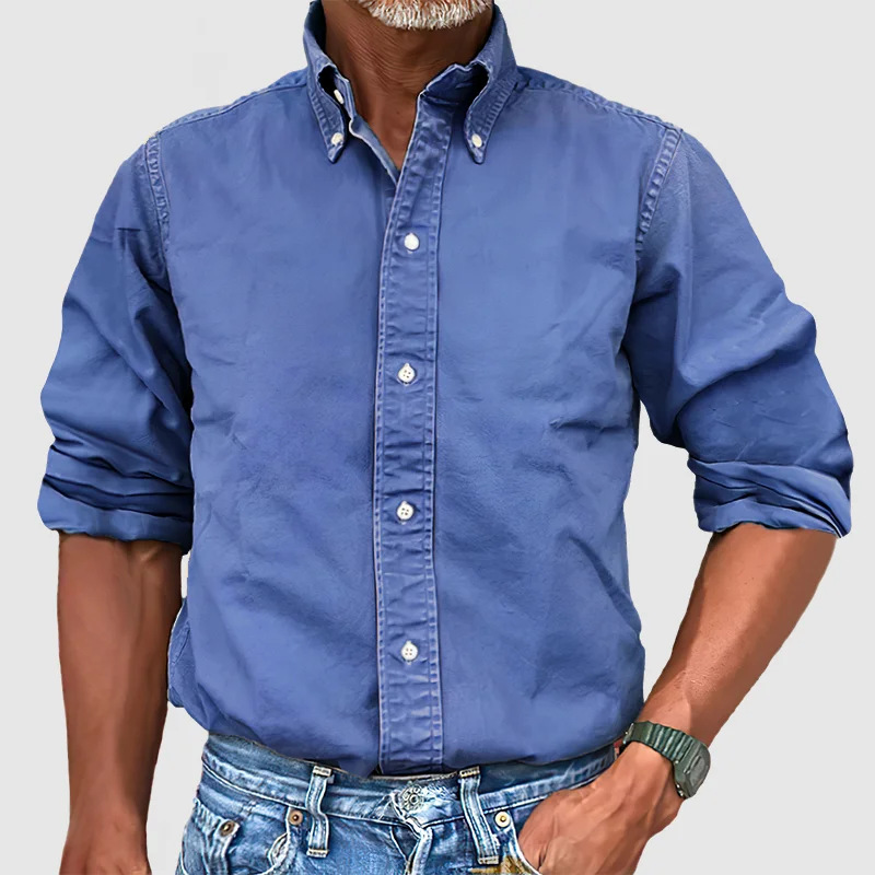 Stack of versatile men's wrinkle-resistant long-sleeve shirts in khaki, blue, and white.