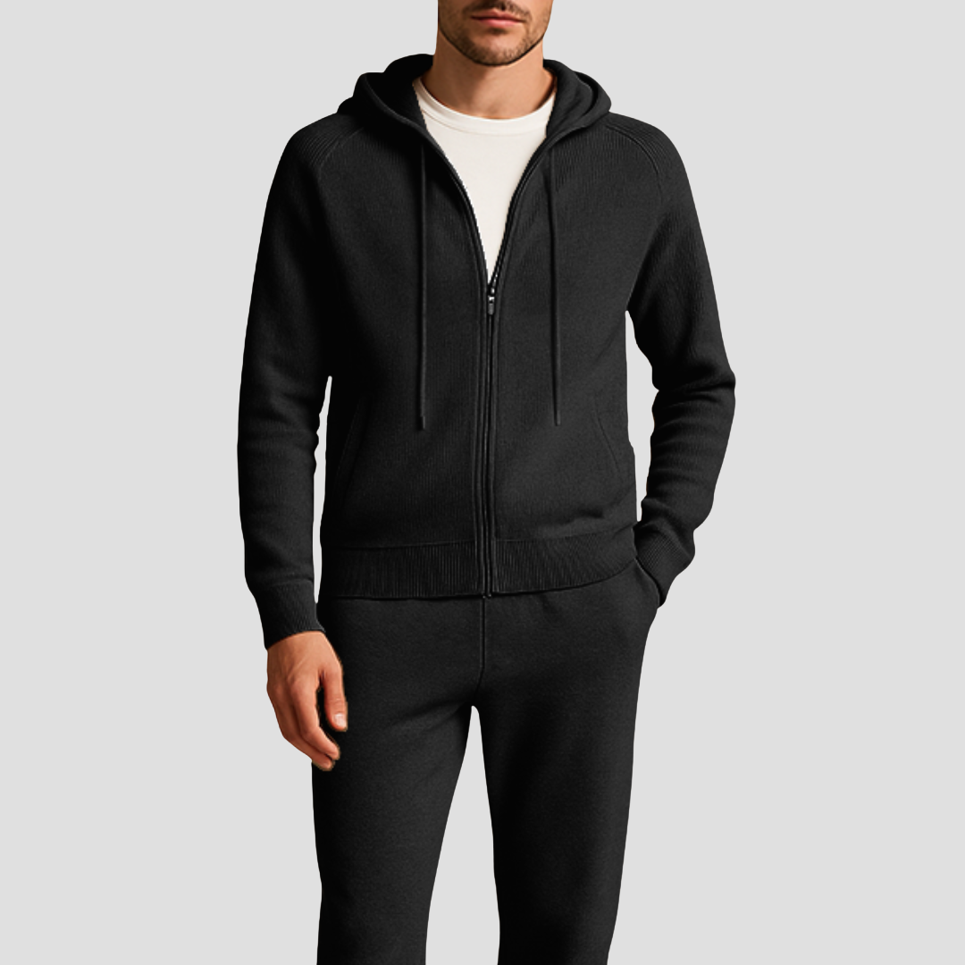 Stylish men's two-piece knit jogger set featuring a zip-up hoodie and athletic sweatpants for casual outfits.