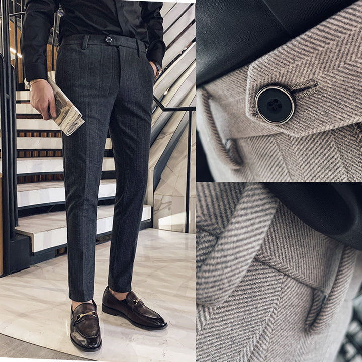 Beige men's Lawson herringbone dress pants, ideal for sharp casual or formalwear occasions.