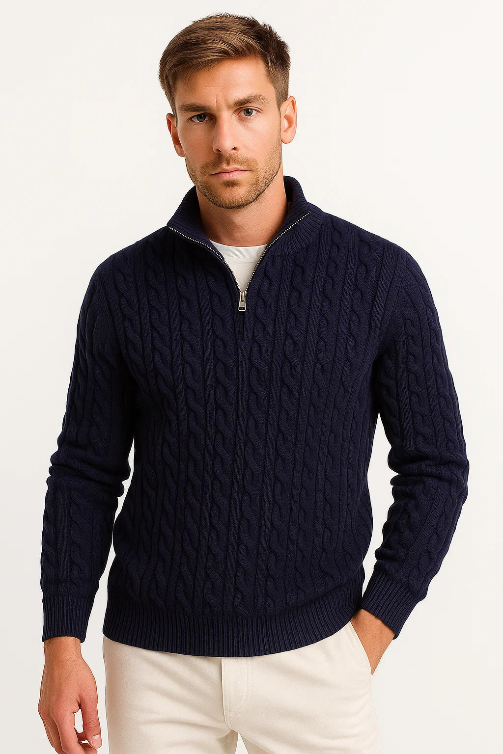 Men's light blue zip-neck cable knit sweater, perfect for spring casual wear and layering