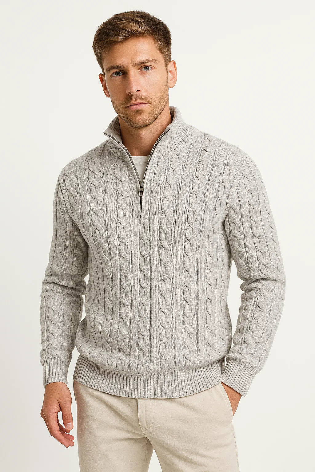 Close-up of a men's cream cable knit sweater with a sophisticated zip-neck design, ideal for spring