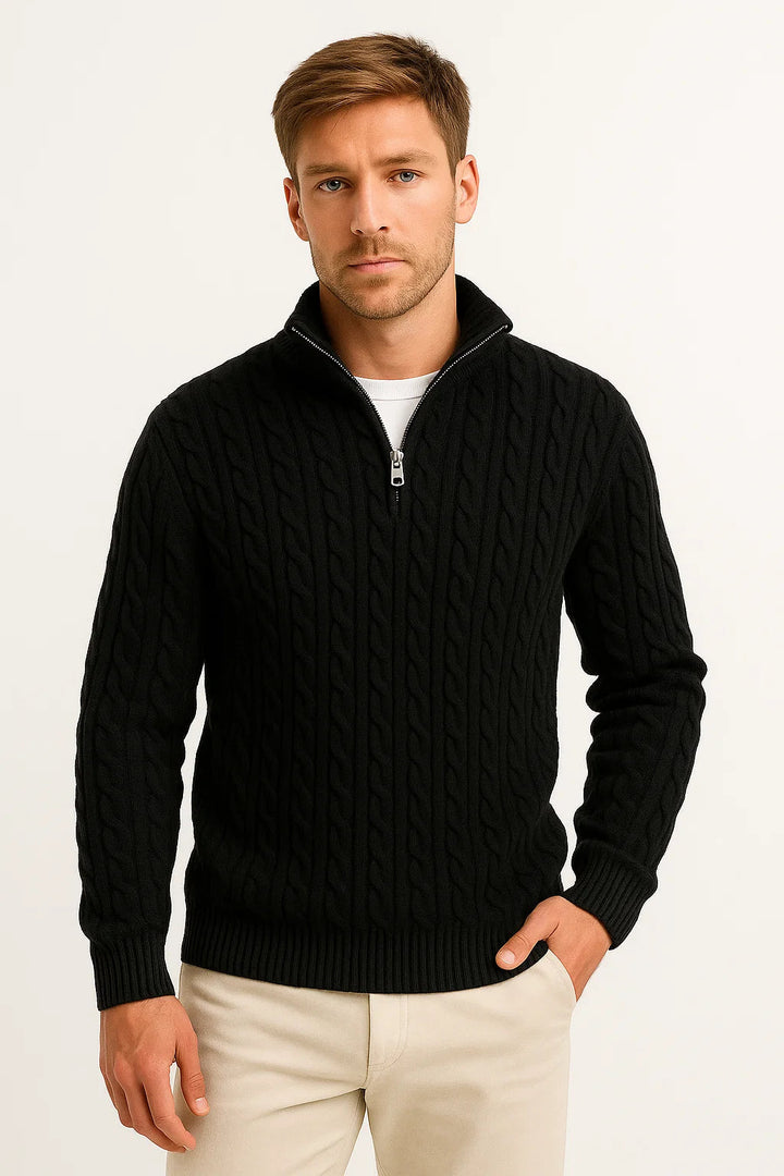 Stylish man wearing a men's grey zip-neck cable knit pullover, a versatile spring fashion piece