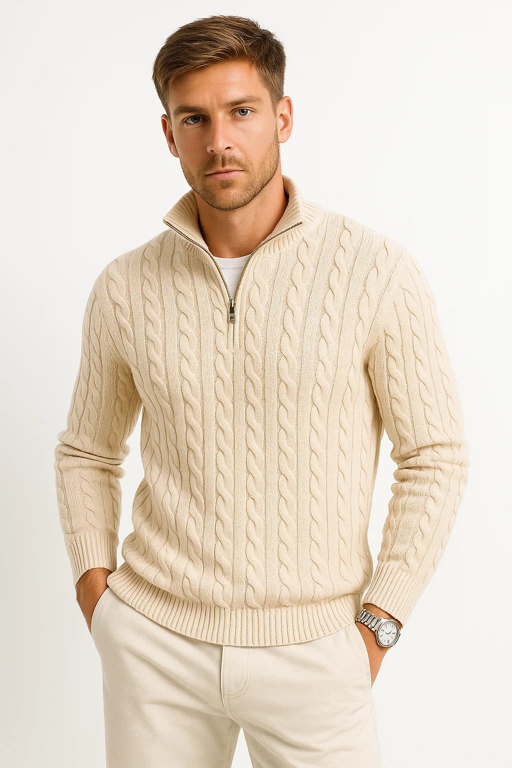 Detail of the cable knit pattern on a dark blue men's sweater with a functional zip neck closure