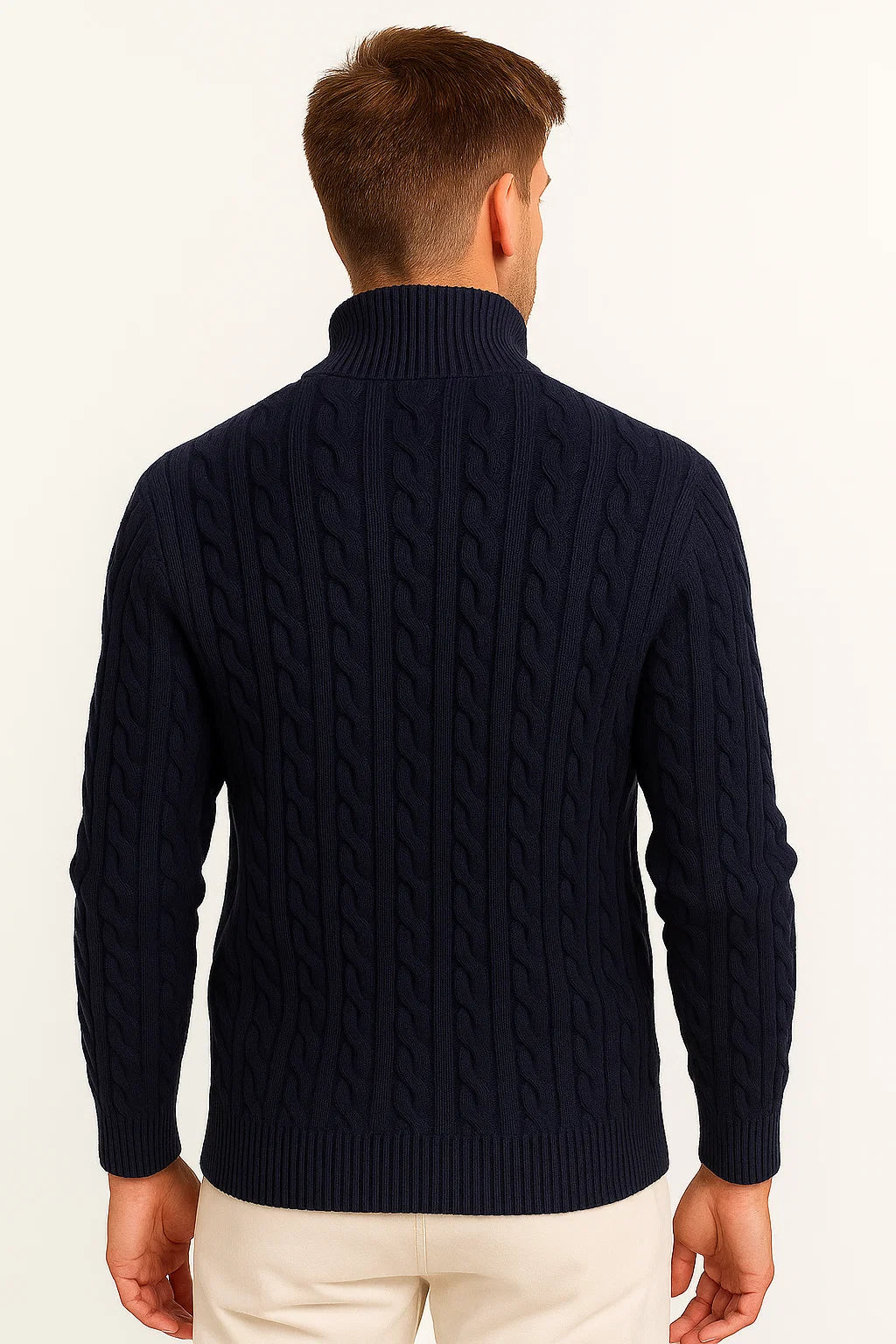Men's knitted long sleeve sweater in a spring-appropriate color with a comfortable zip neck collar
