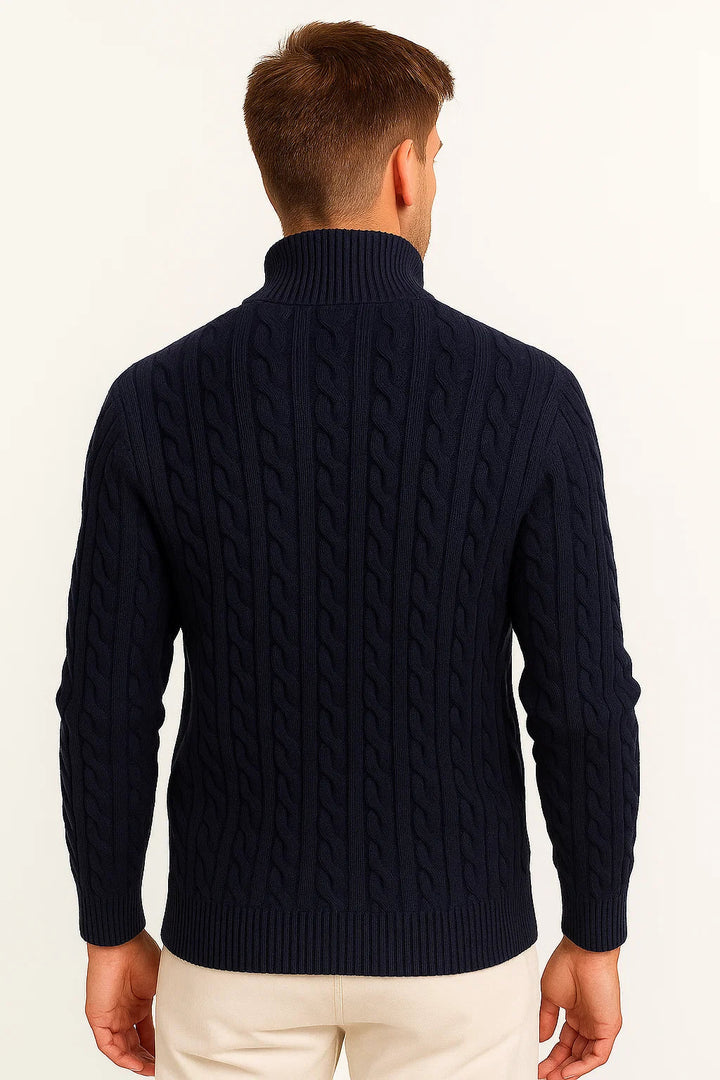 Men's knitted long sleeve sweater in a spring-appropriate color with a comfortable zip neck collar