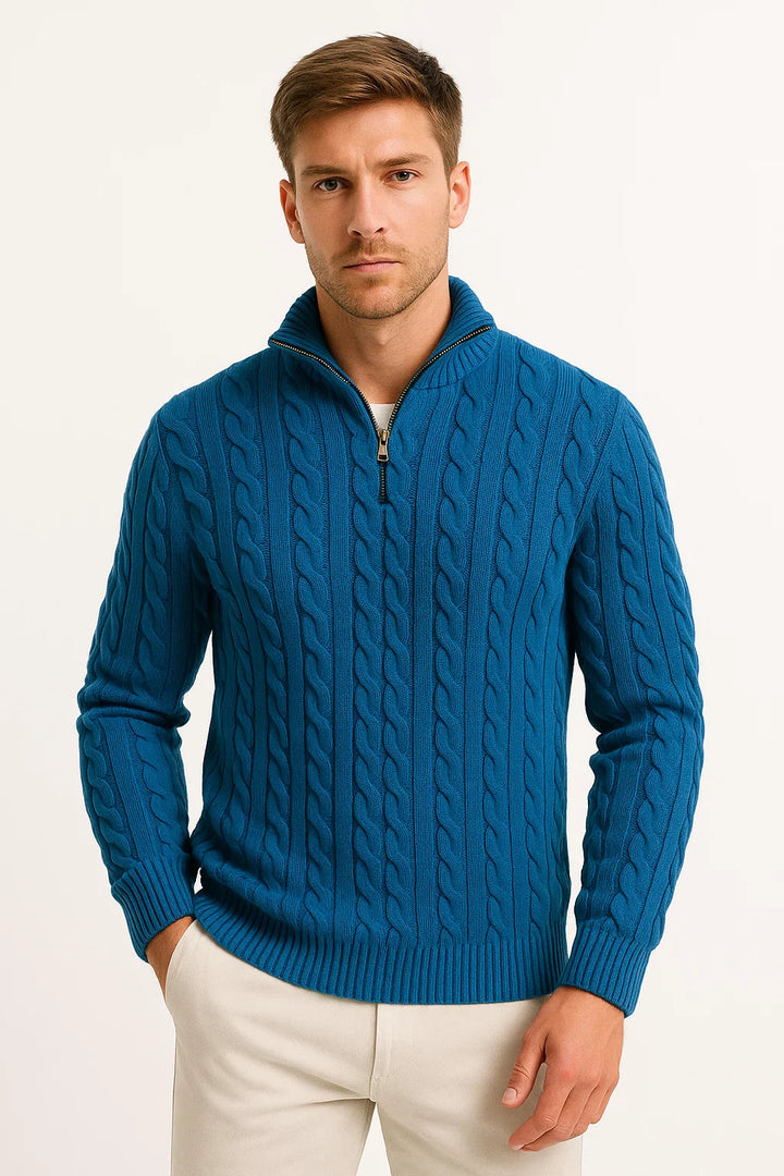 Front view of a men's olive green zip-neck cable knit sweater, showcasing its textured design