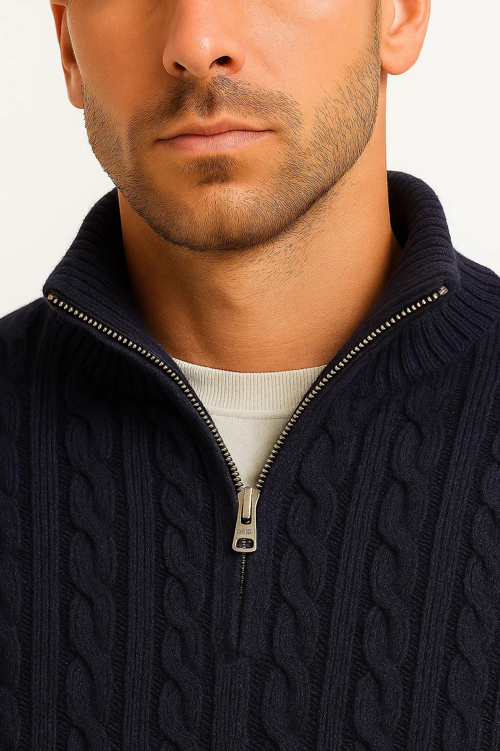 Men's casual zip-neck cable knit sweater in soft cotton, an essential for spring apparel