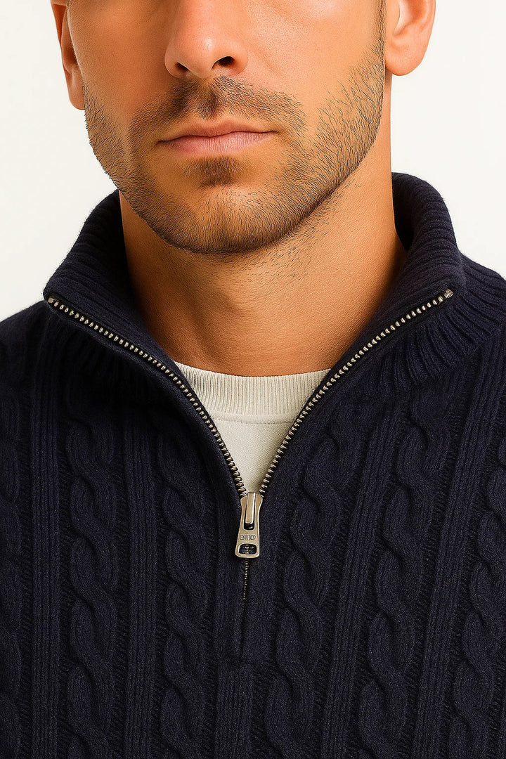 Men's casual zip-neck cable knit sweater in soft cotton, an essential for spring apparel
