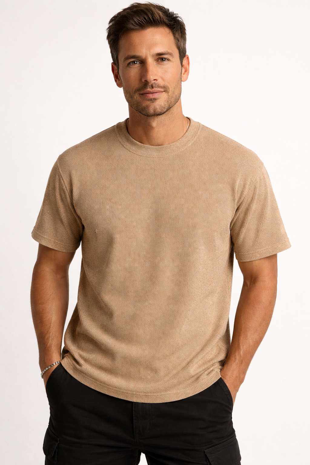 Men's light brown textured short sleeve t-shirt, relaxed fit, perfect casual summer tee for comfort.