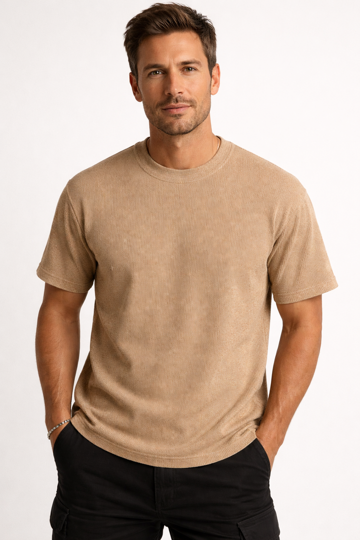Men's light brown textured short sleeve t-shirt, relaxed fit, perfect casual summer tee for comfort.