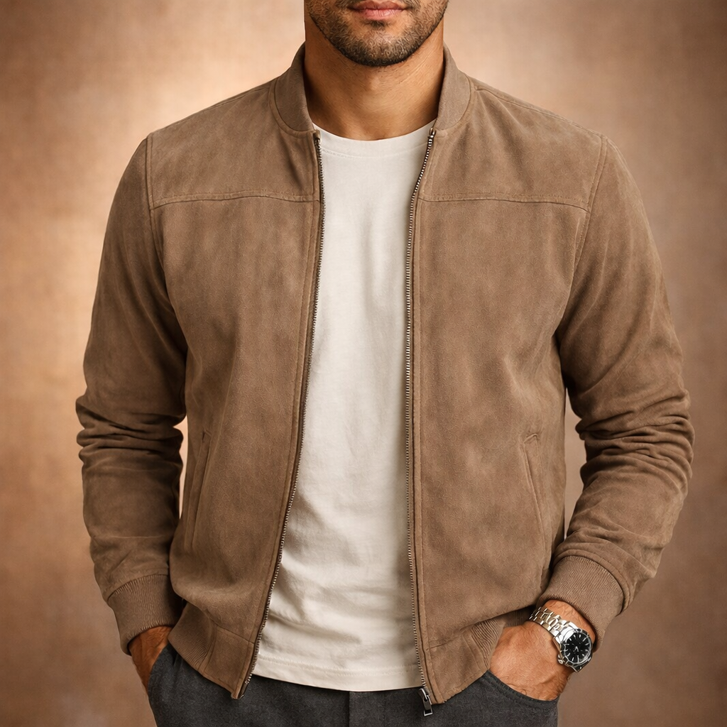 Men's lightweight bomber jacket in dark blue, perfect for smart casual style & versatile all-season layering.