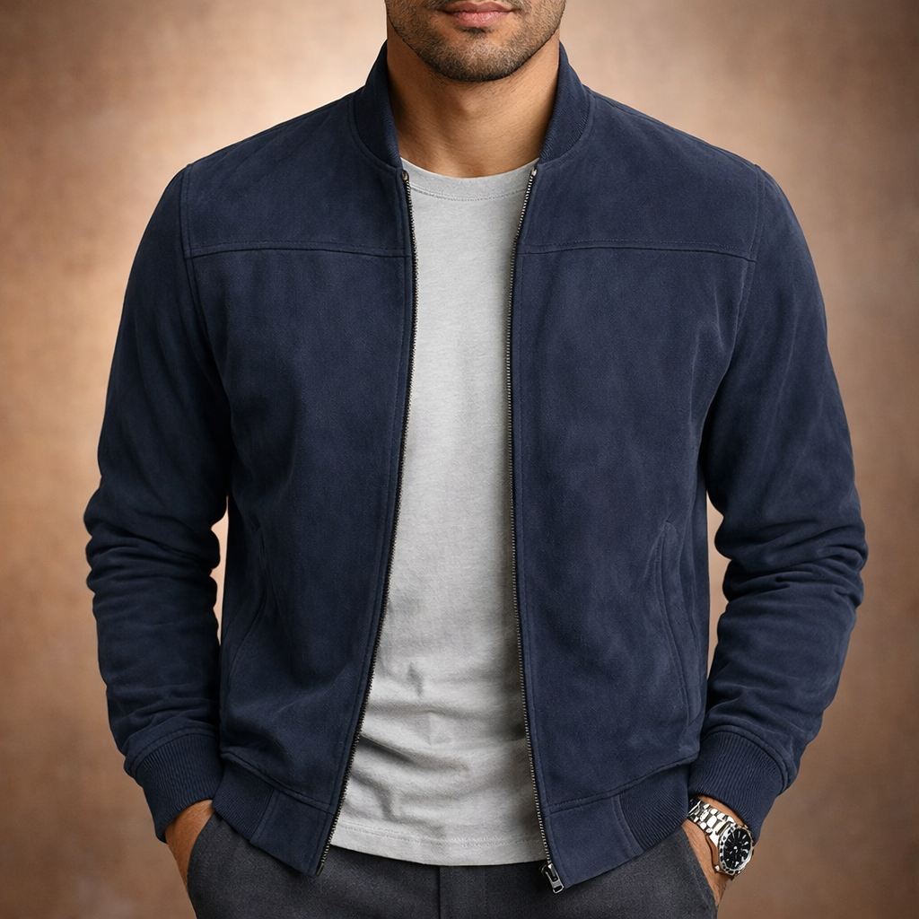 Classic navy men's bomber jacket, a versatile lightweight outerwear piece for modern smart casual and everyday style.