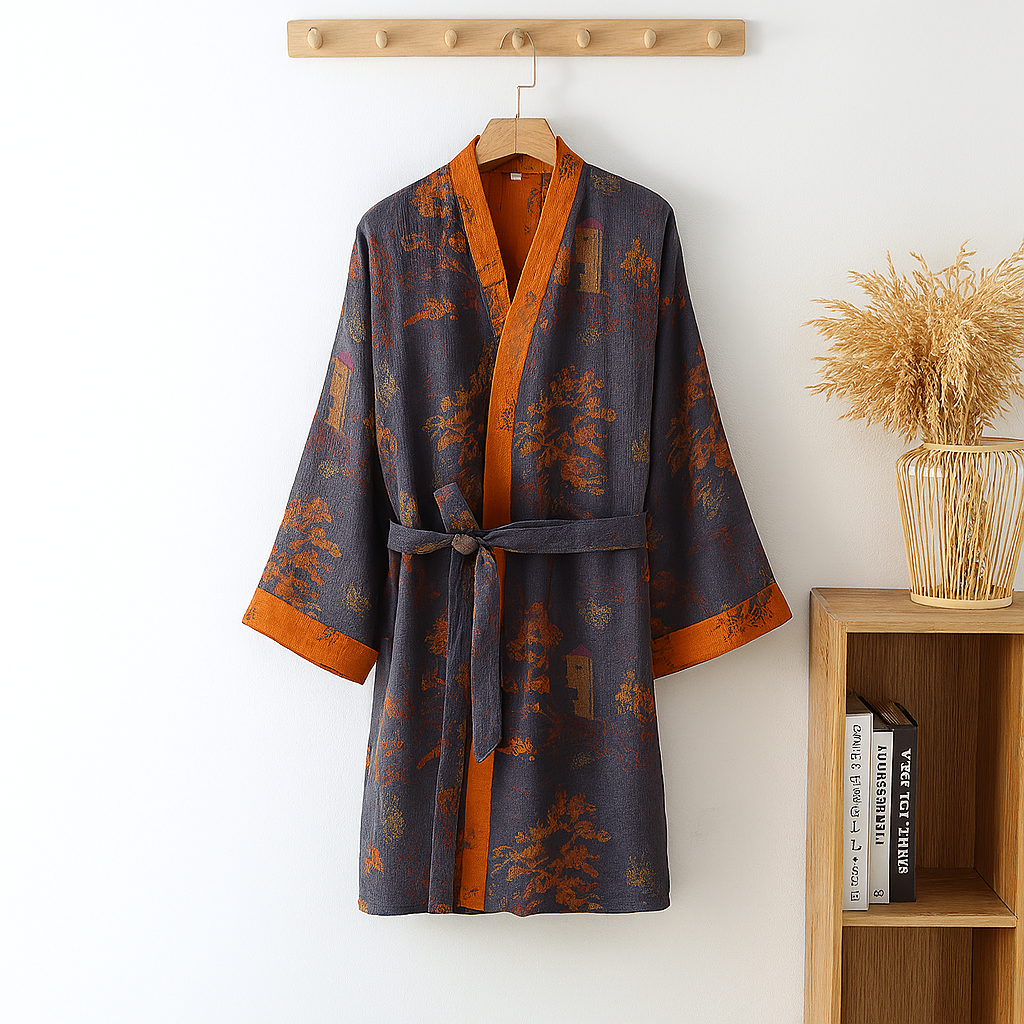 Men's lightweight cotton jacquard kimono robe, ideal for summer loungewear or as a comfortable bathrobe.