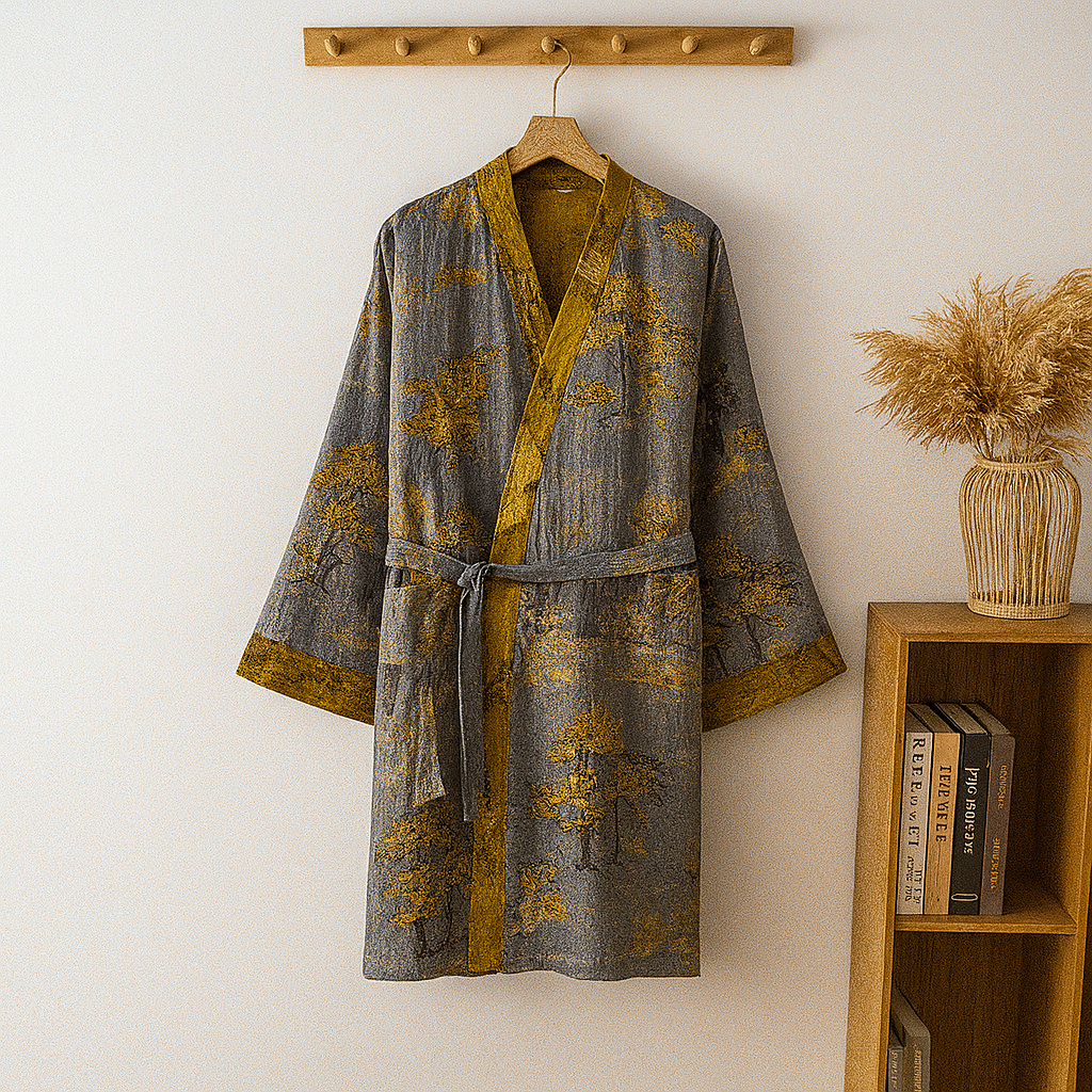New3 men's cotton jacquard V-neck kimono robe, perfect comfort wear or loungewear, soft and breathable.