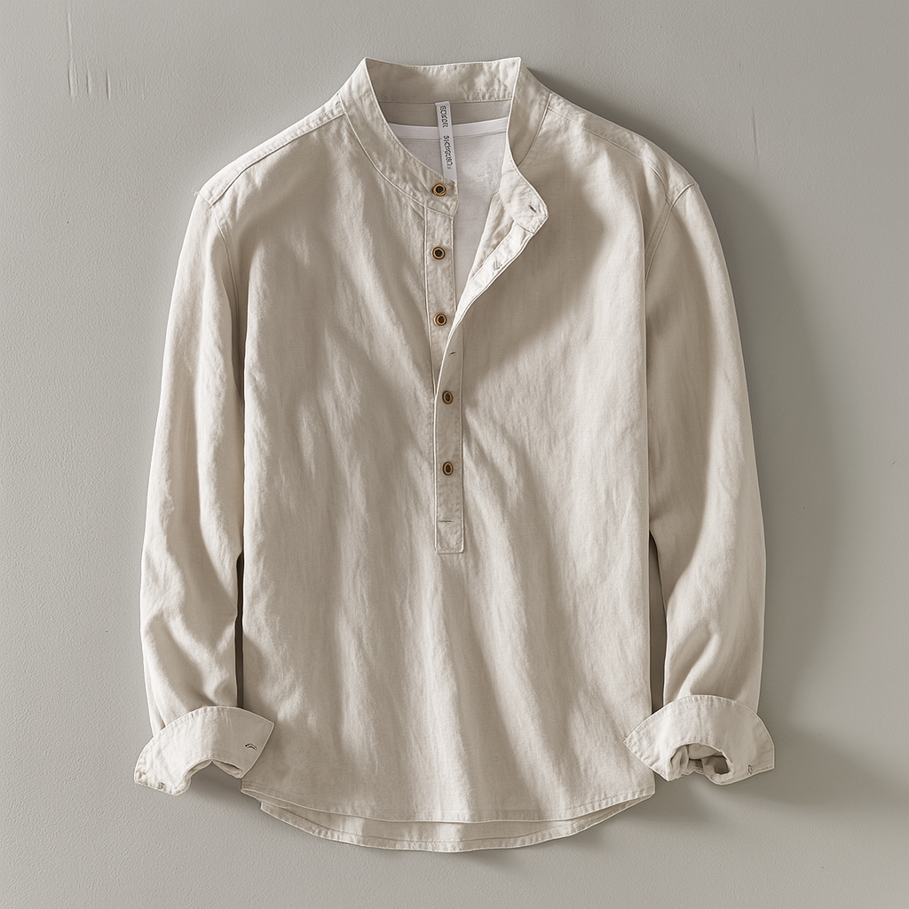 Men's lightweight cotton linen shirt with mandarin collar, perfect for casual summer style.