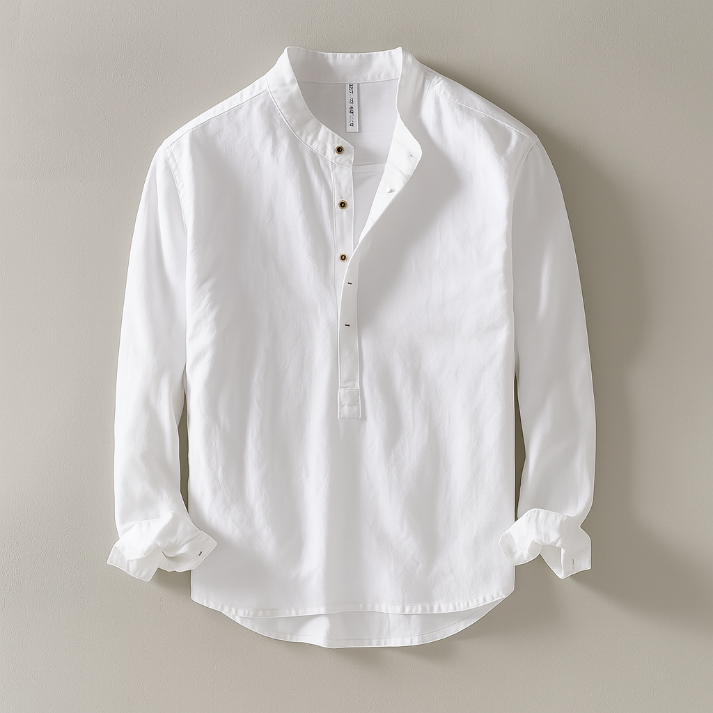Versatile men's cotton linen button-up shirt with mandarin collar for relaxed summer apparel.