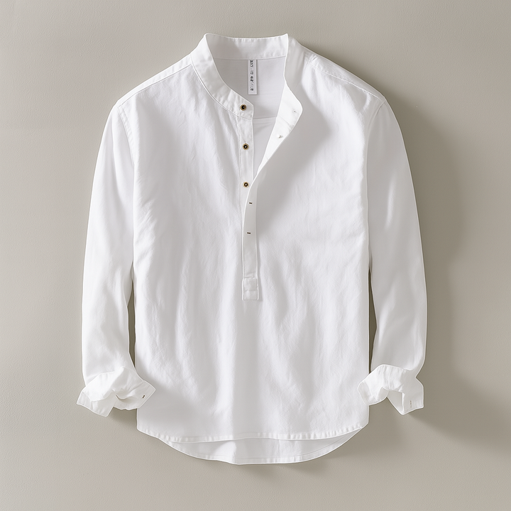 Versatile men's cotton linen button-up shirt with mandarin collar for relaxed summer apparel.
